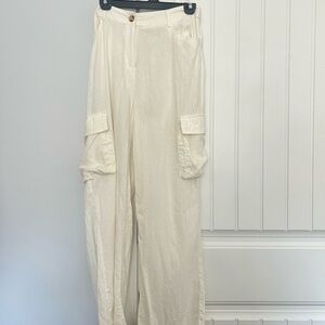 Cream Cargo Linen Pants
